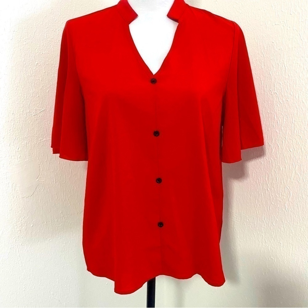 SHEIN Women’s Red Blouse With Black Buttons V Neck Wing Sleeves Size Medium US 6